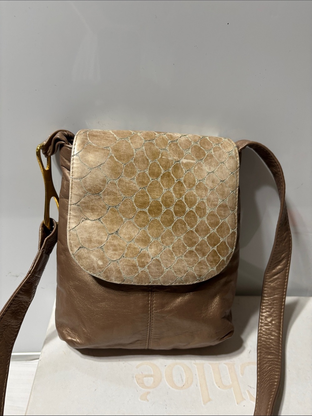 Viva bags of California. Soft Leather Metallic Taupe/ gold Crossbody. NWOT